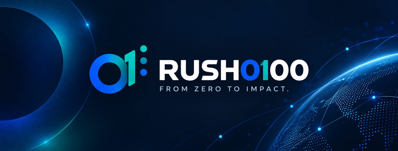 RUSH0100 brand lockup: the 01 mark beside the RUSH0100 wordmark and the line From Zero to Impact, on navy.